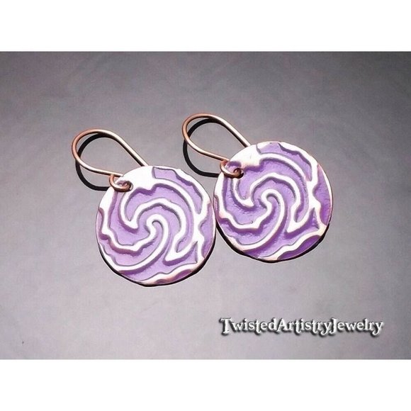 Twisted Artistry Jewelry Jewelry - Purple Enameled Copper Swirl Disk Artisan Earrings One-Of-A-Kind Handmade
